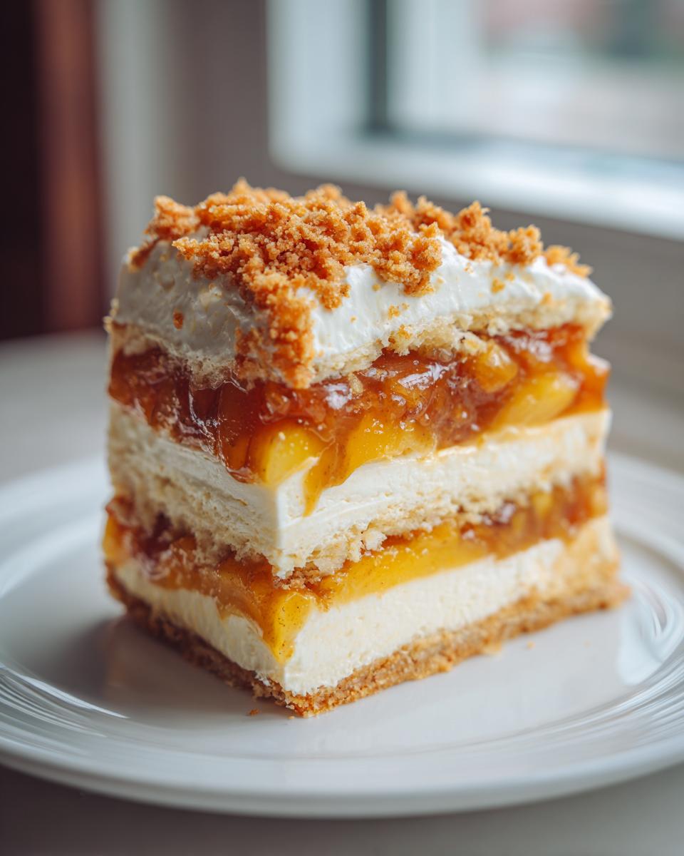 A tall, layered slice of peach cobbler cheesecake with graham cracker crust and crumb topping.
