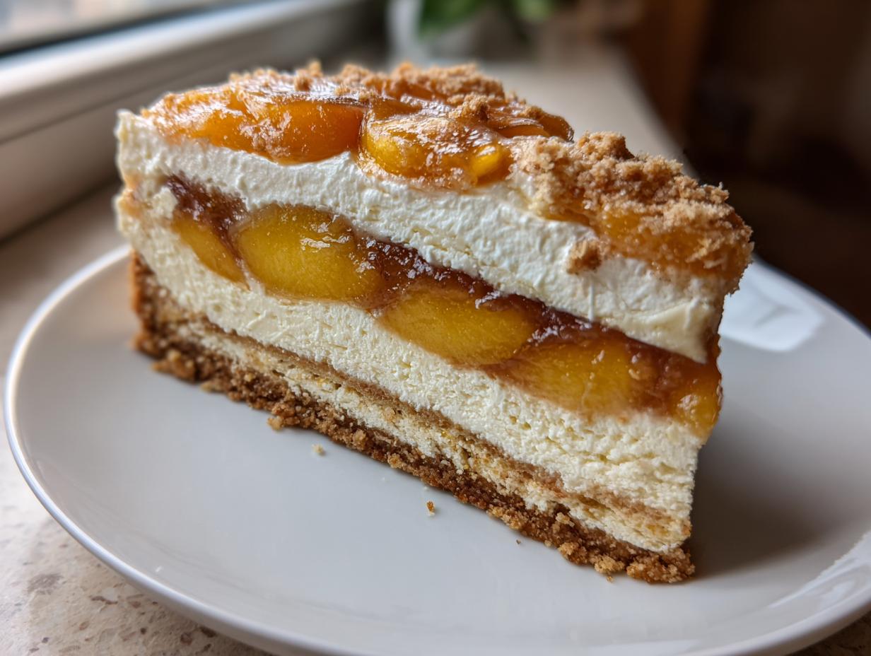 A tall, layered slice of peach cobbler cheesecake with a graham cracker crust, creamy filling, and peach topping.
