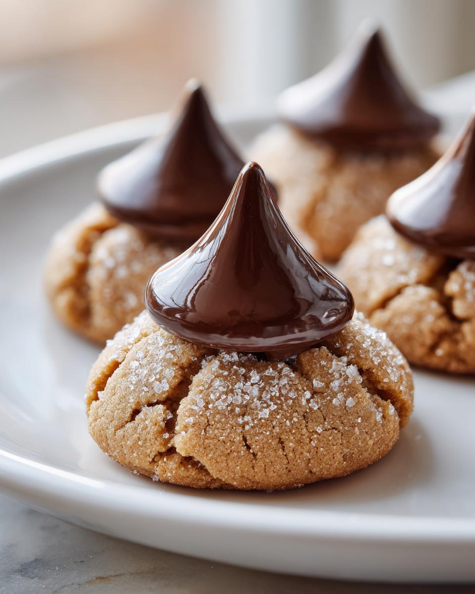 Close-up of a sugar-coated peanut butter blossom cookie topped with a melted chocolate kiss.