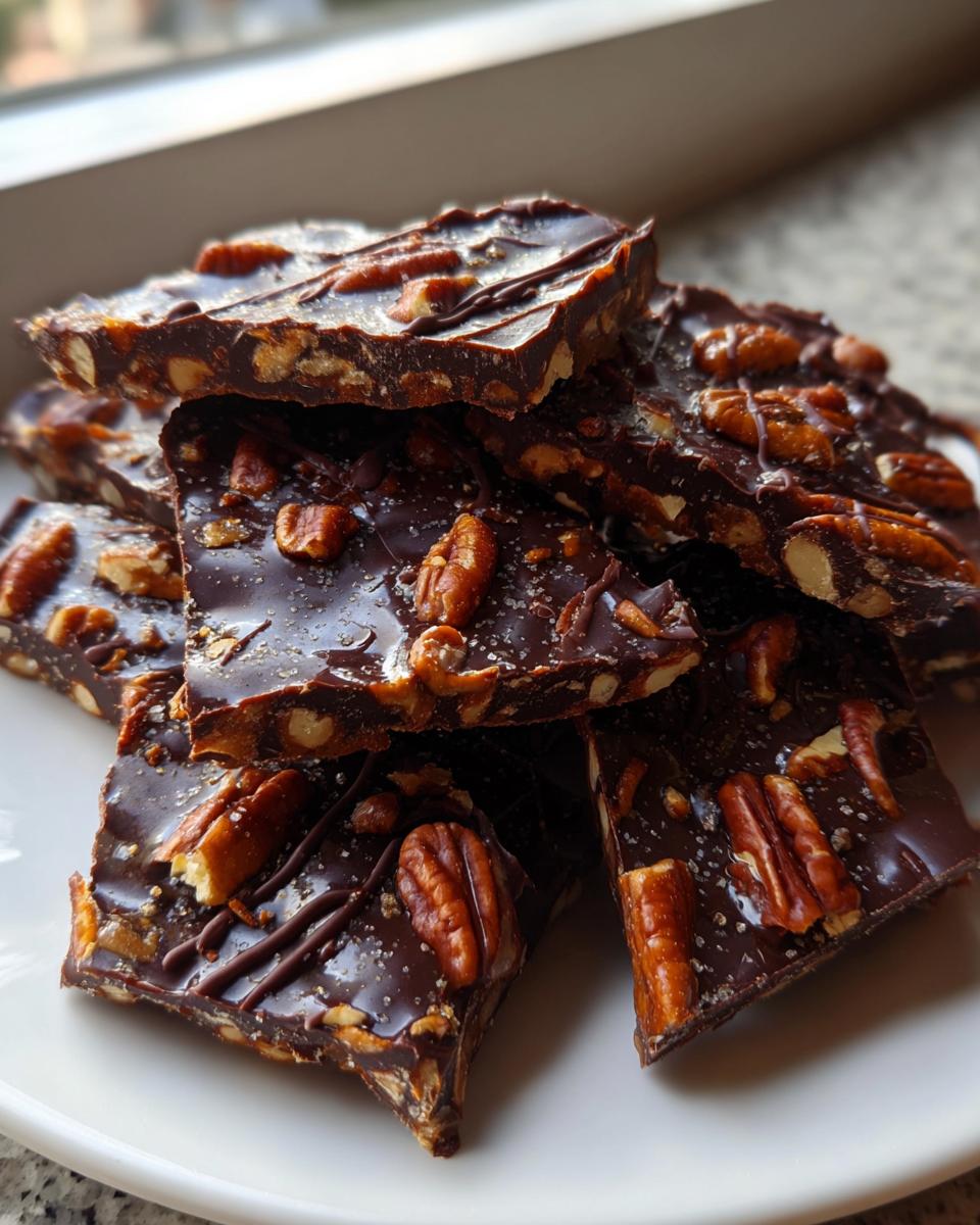 A stack of rich, dark chocolate Pecan Pie Bark pieces topped with whole pecans and sea salt.