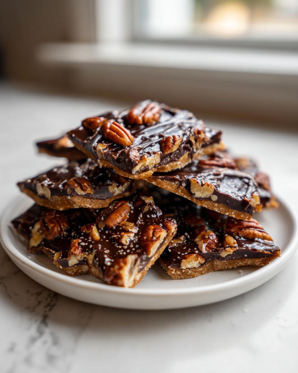 A stack of rich, dark chocolate Pecan Pie Bark pieces topped with pecans and sea salt on a white plate.