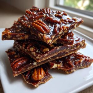 A stack of broken, glossy pieces of homemade Pecan Pie Bark loaded with whole and chopped pecans.