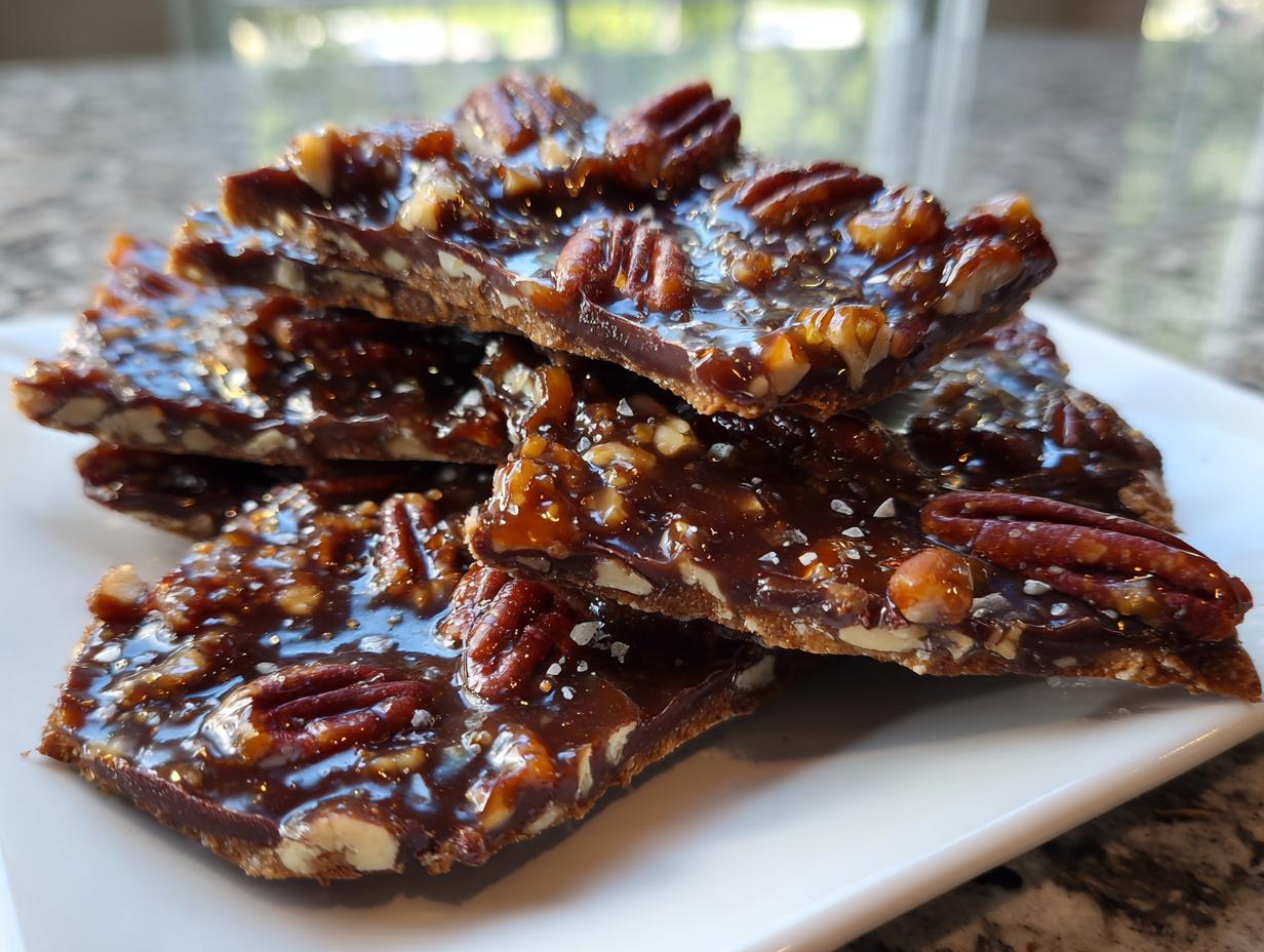 A stack of broken pieces of glossy Pecan Pie Bark topped with whole pecans and sea salt flakes.
