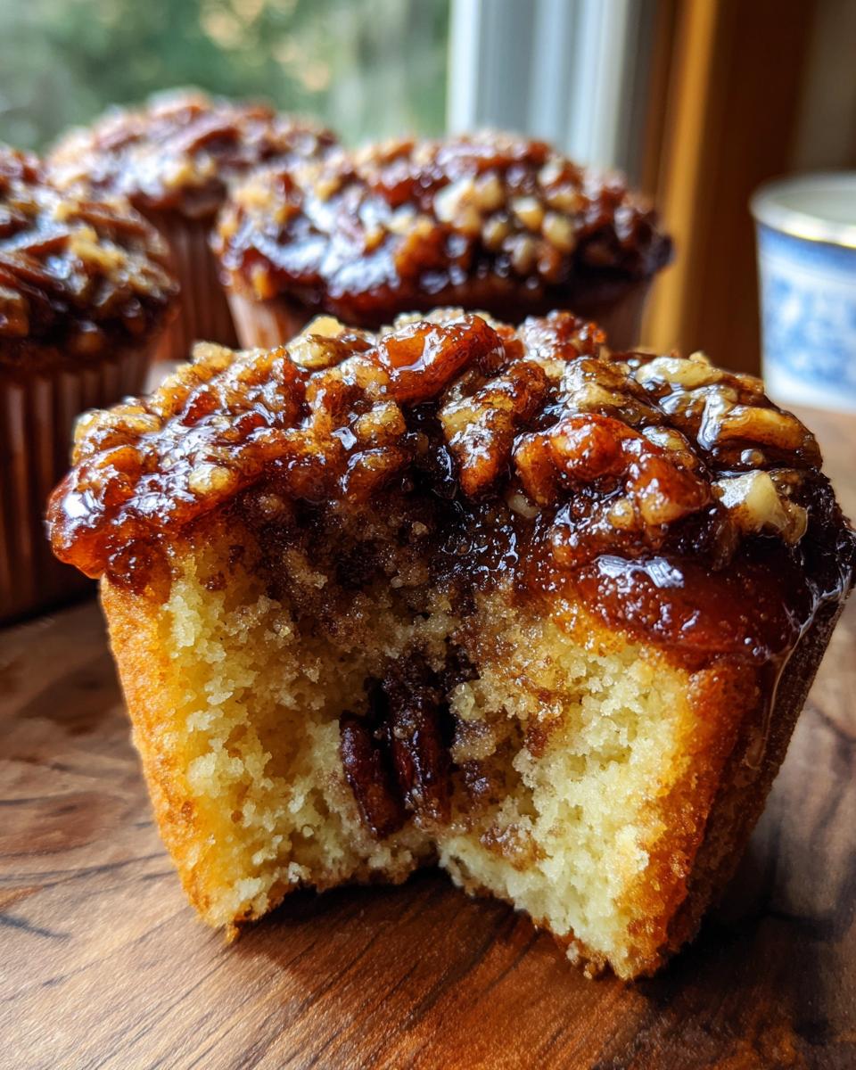 A pecan pie muffins has a bite taken out, showing the gooey caramel pecan topping and moist interior.