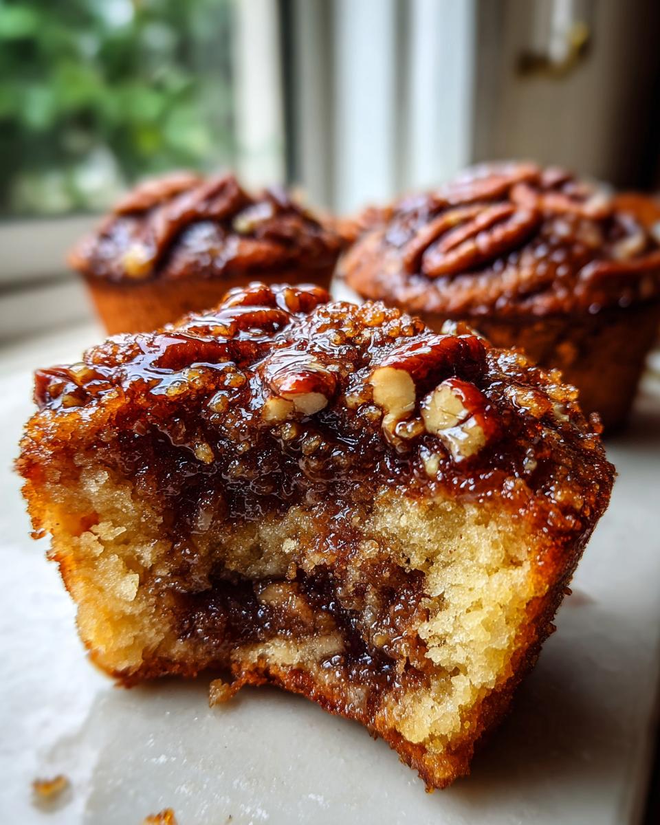A pecan pie muffin with a bite taken out, showing the gooey brown sugar filling and pecan topping.