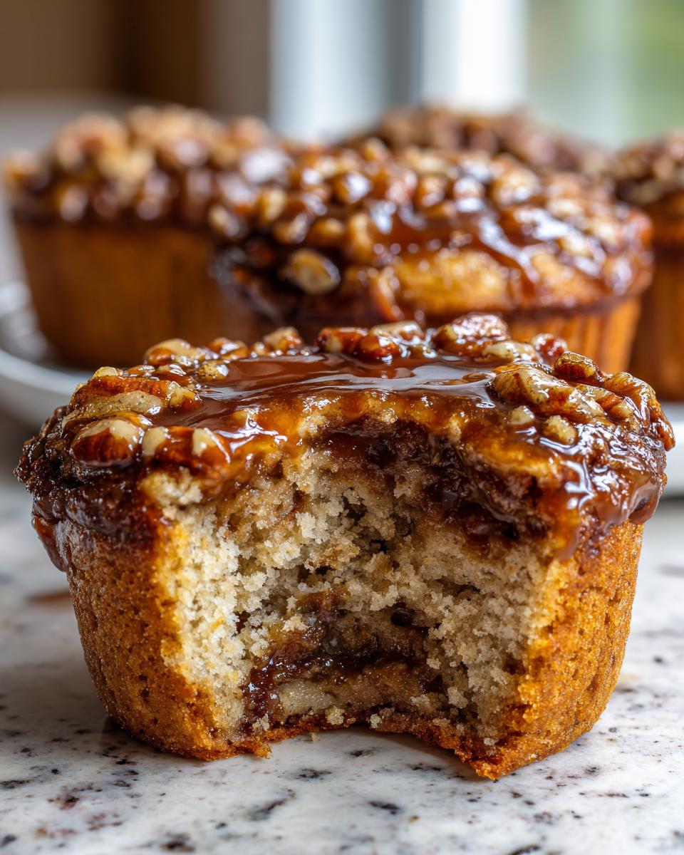A close-up of a pecan pie muffins with a bite taken out, showing the gooey filling and pecan topping.