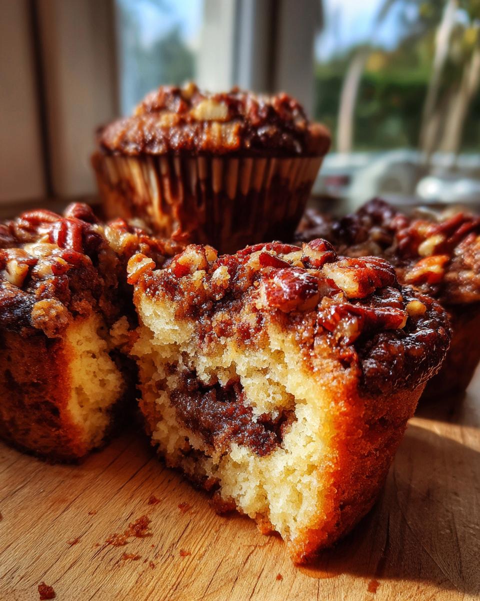 A pecan pie muffin broken open showing a gooey center, topped with glazed pecans, part of a batch of pecan pie muffins.