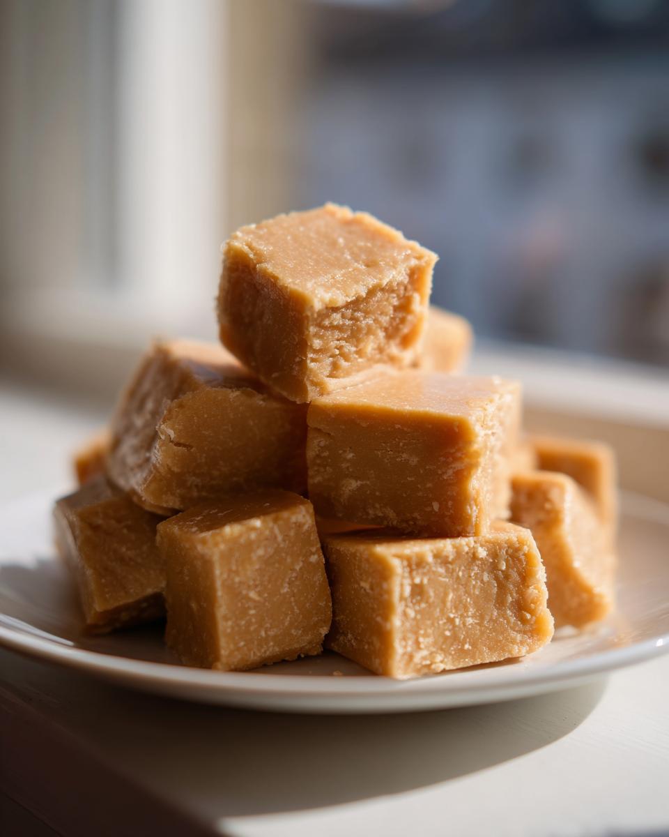 A close-up stack of light brown, creamy penuche fudge squares resting on a white plate near a window.