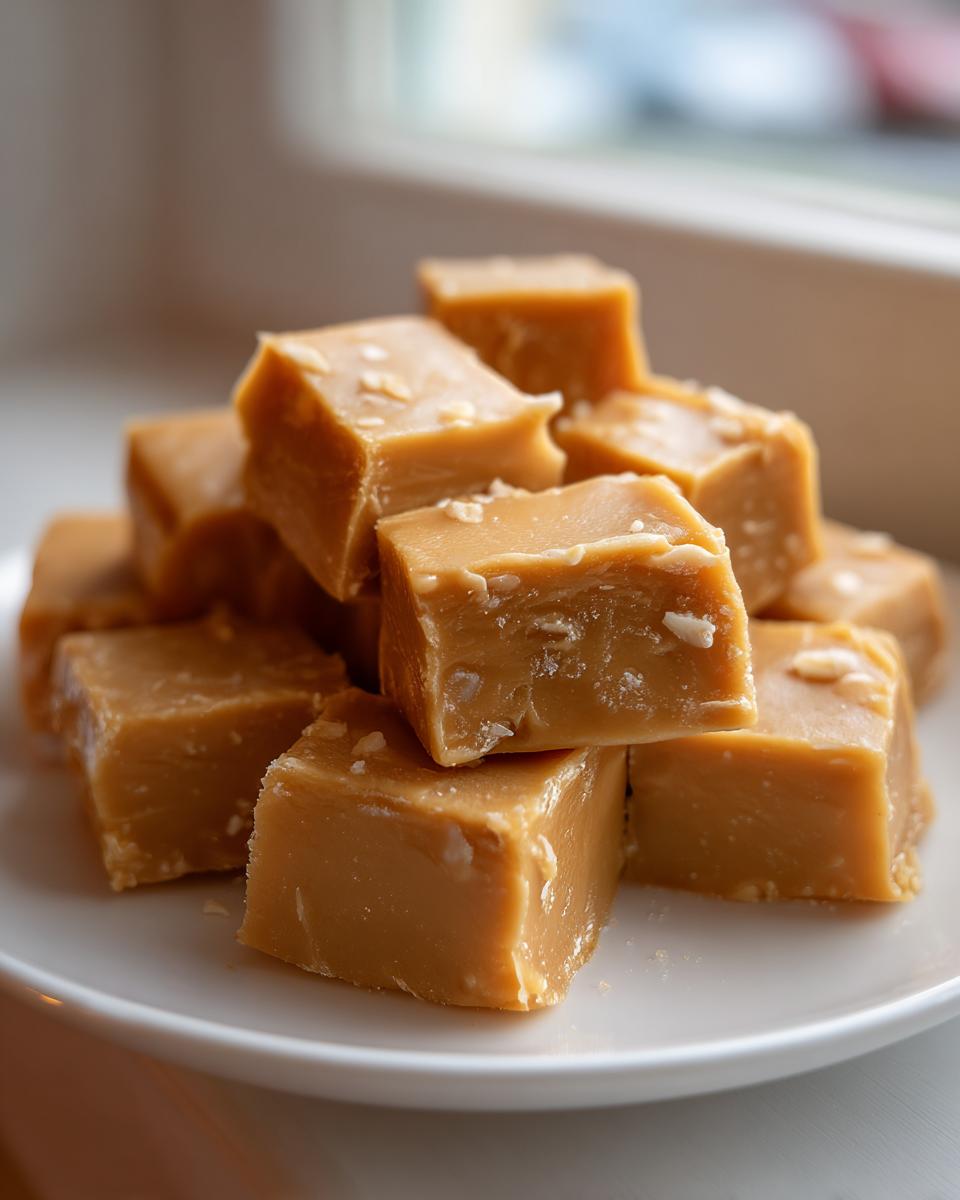 A stack of rich, caramel-colored penuche fudge squares with visible sugar crystals on a white plate.