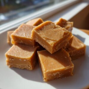 A stack of rich, caramel-colored squares of homemade penuche fudge sitting on a white plate.