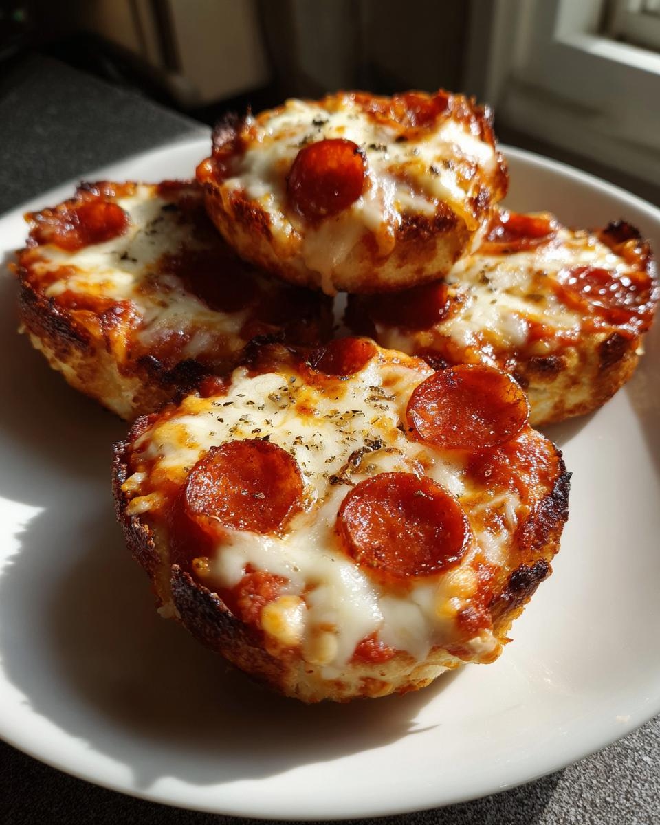 Four baked English muffin pizza bites topped with melted cheese, pepperoni, and herbs, served on a white plate.