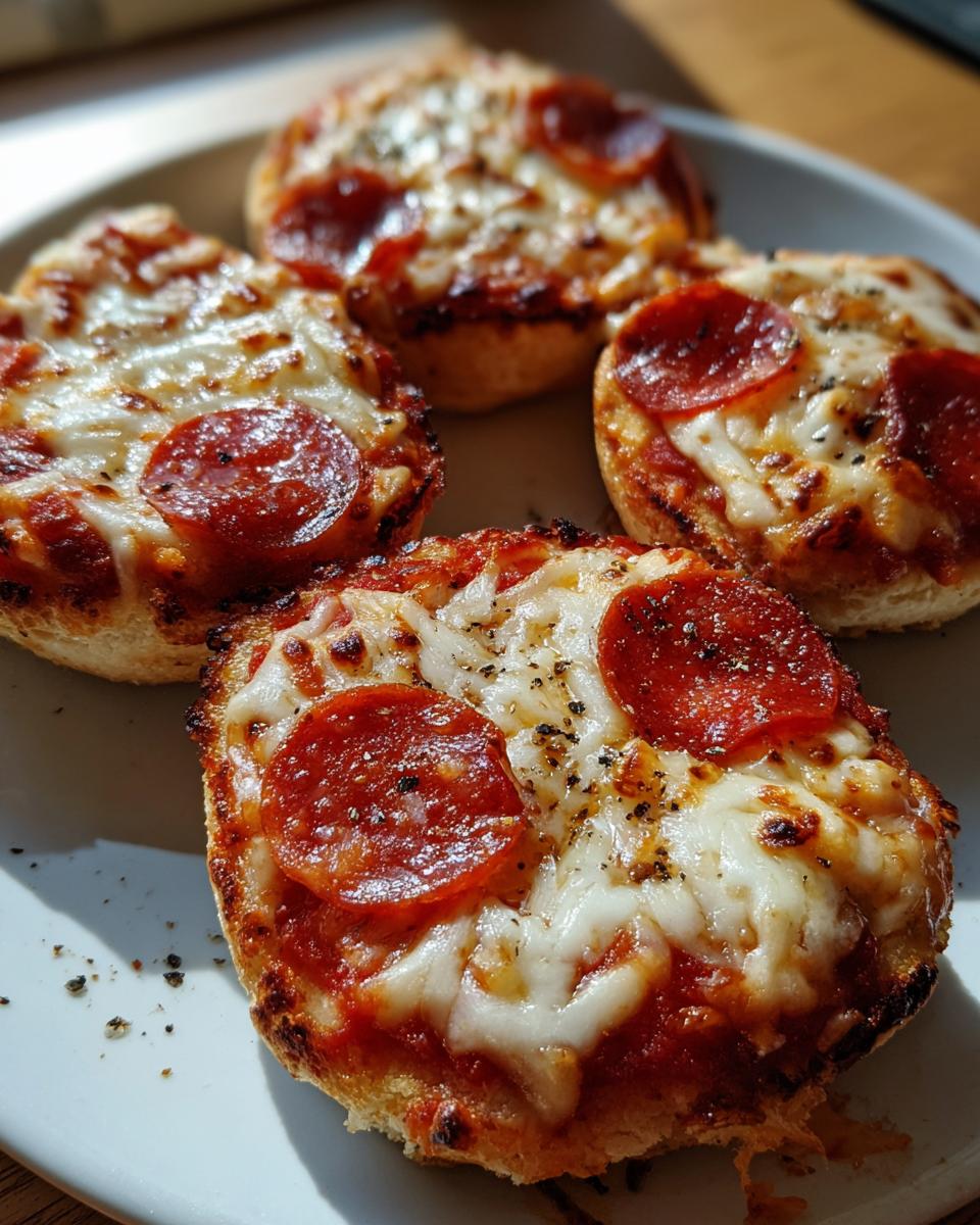 Close-up of four golden-brown english muffin pizza appetizers topped with melted cheese and pepperoni slices.