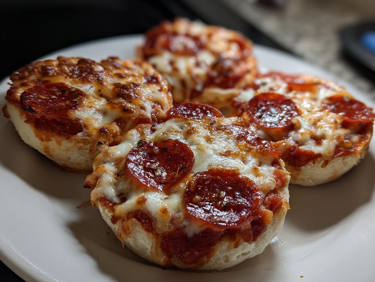 Four freshly baked pepperoni english muffin pizza halves topped with melted, bubbly cheese on a white plate.