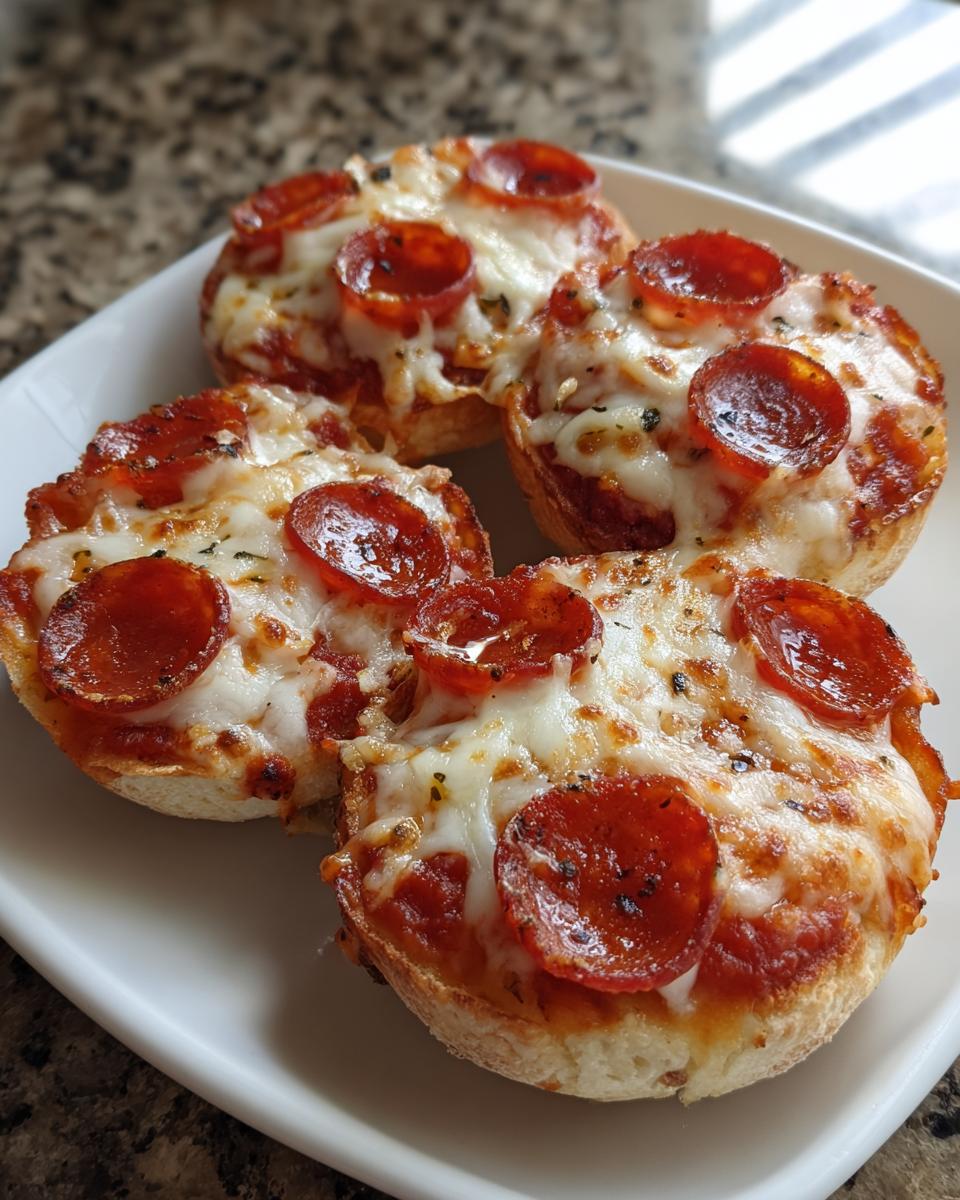 Four baked pepperoni english muffin pizza halves topped with melted cheese and herbs served on a white plate.