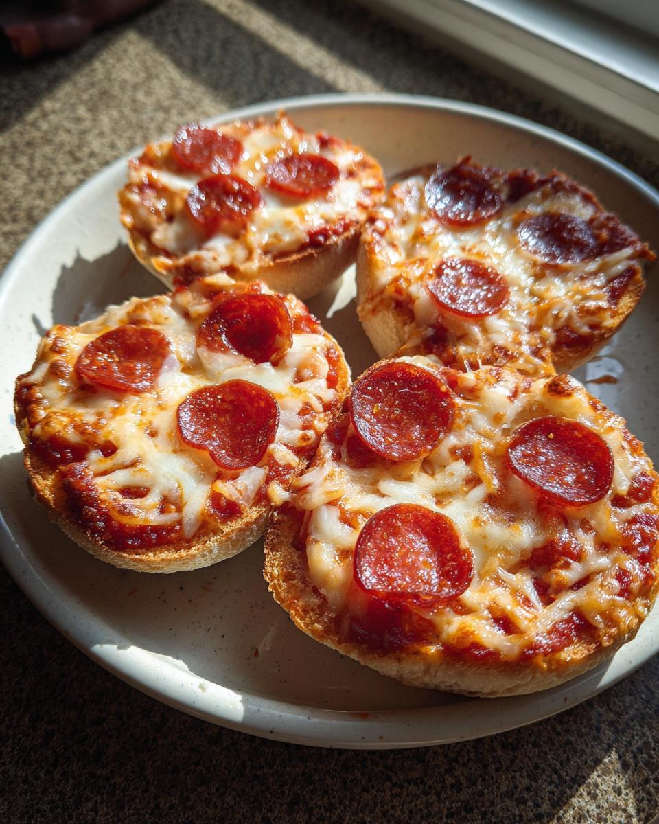 Four freshly baked pepperoni english muffin pizza halves topped with melted cheese, served on a light speckled plate.