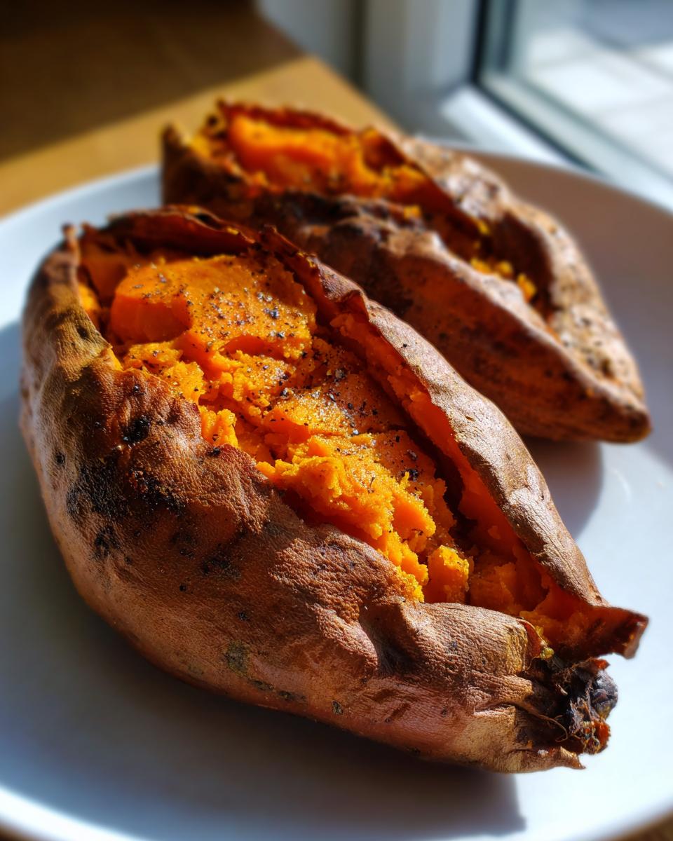 Two perfectly baked sweet potatoes, split open to show fluffy orange flesh seasoned with black pepper.