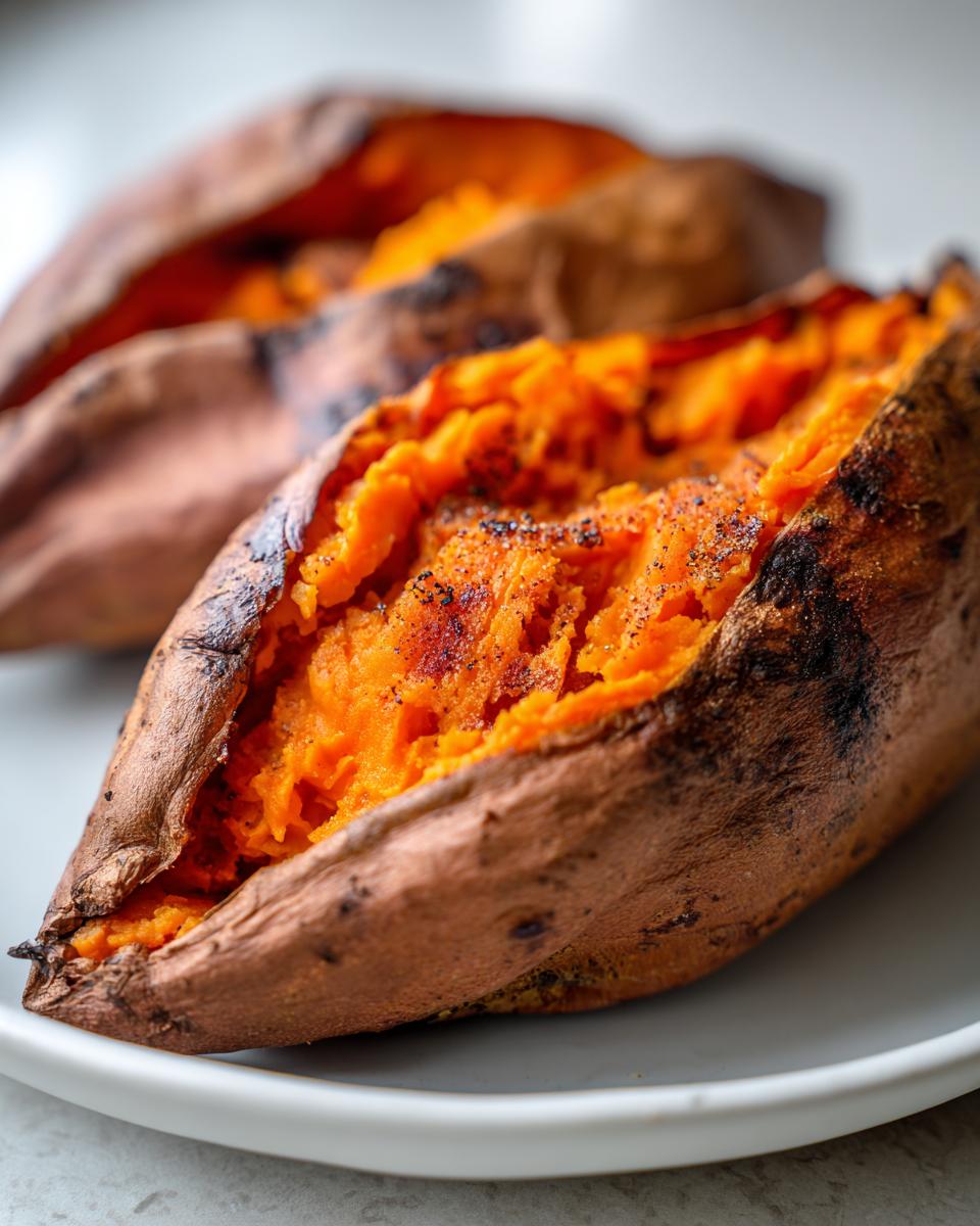 Close-up of perfectly baked sweet potatoes, split open to show fluffy, bright orange flesh seasoned with pepper.