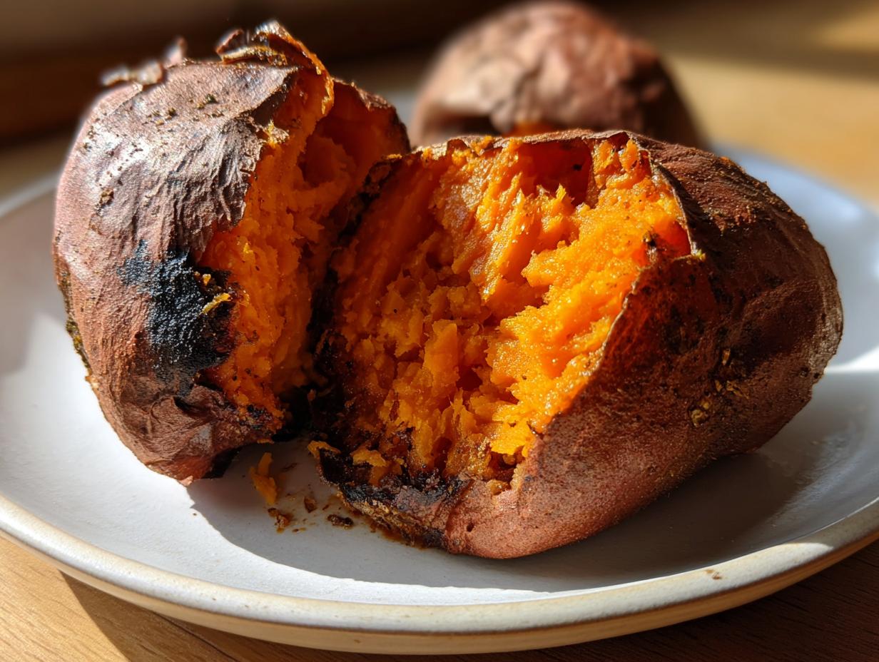 A close-up of perfectly baked sweet potatoes split open, revealing bright orange, fluffy flesh.