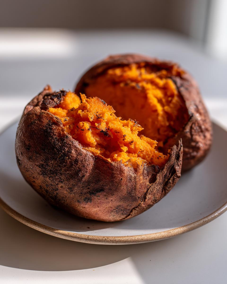 Close-up of two perfectly baked sweet potatoes, one split open revealing fluffy, bright orange flesh.