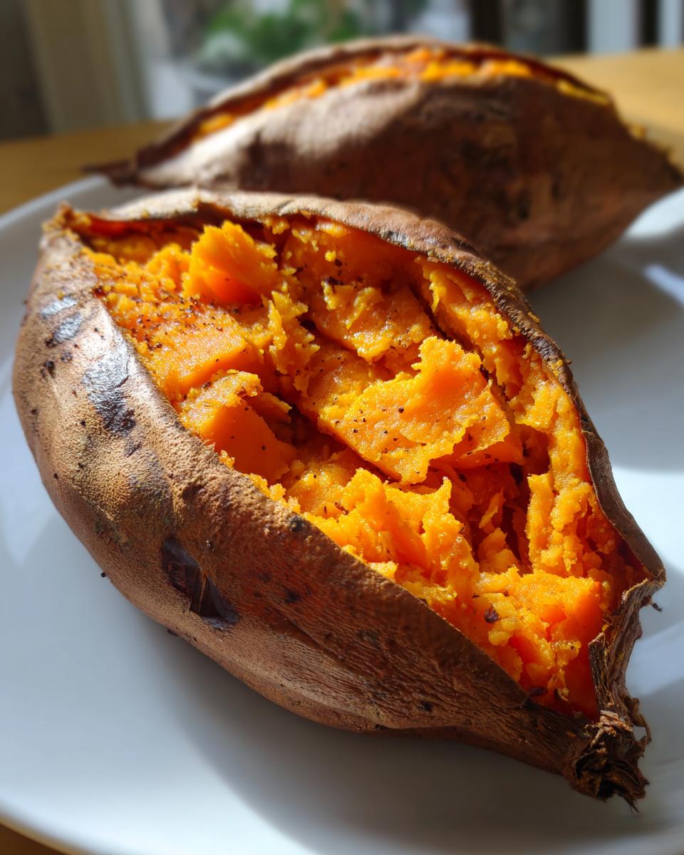 Close-up of a perfectly baked sweet potatoes, split open to show the fluffy, bright orange interior seasoned with pepper.