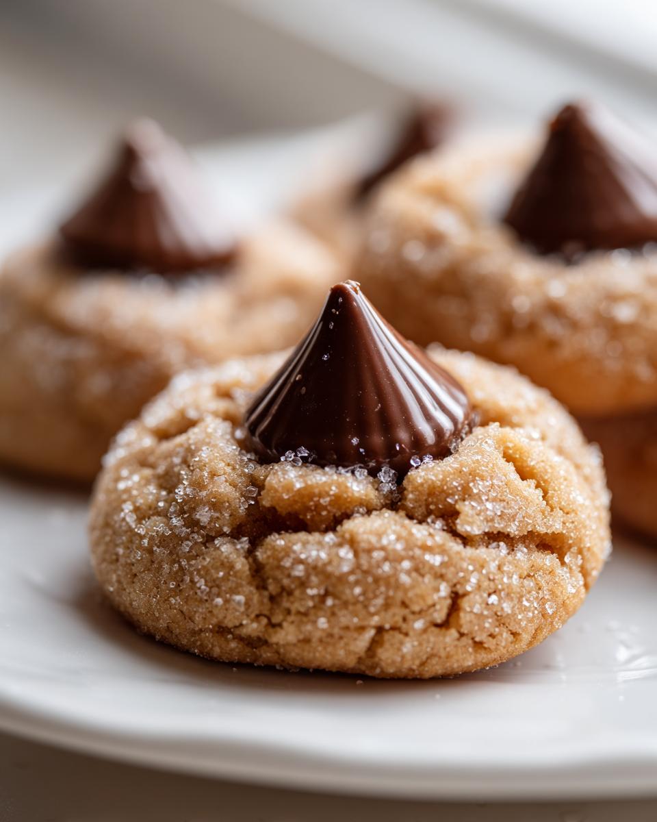 A close-up of a freshly baked peanut butter blossom cookie, rolled in sugar and topped with a chocolate kiss.
