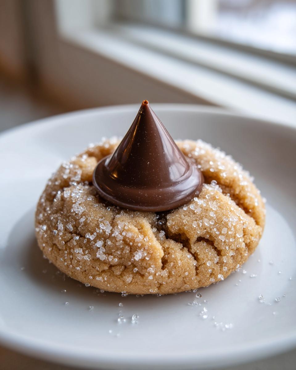 A close-up of a freshly baked peanut butter blossom cookie rolled in sugar, topped with a Hershey's Kiss.