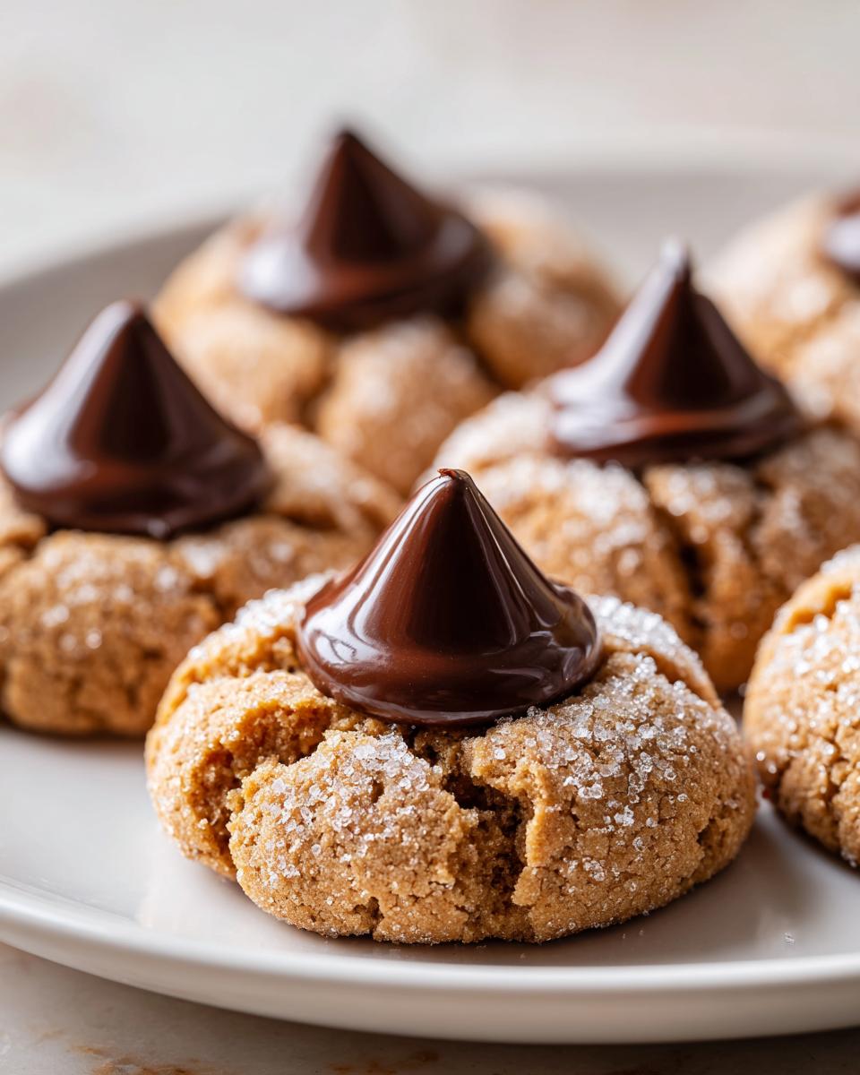 Close-up of several freshly baked peanut butter blossom cookies rolled in sugar, topped with a melted chocolate kiss.
