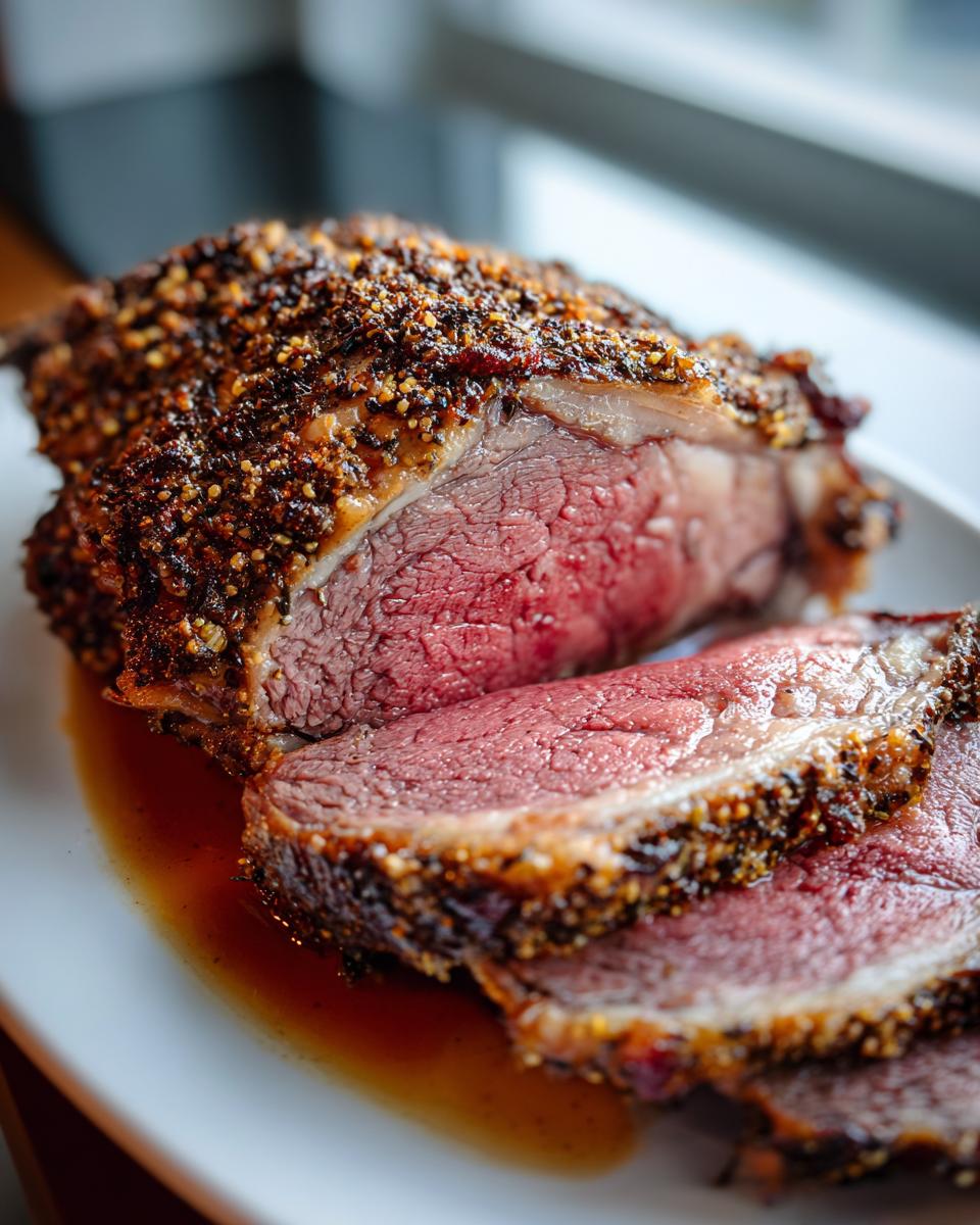 Close-up of a medium-rare prime rib roast, sliced, showing a thick, seasoned crust and resting in its juices.