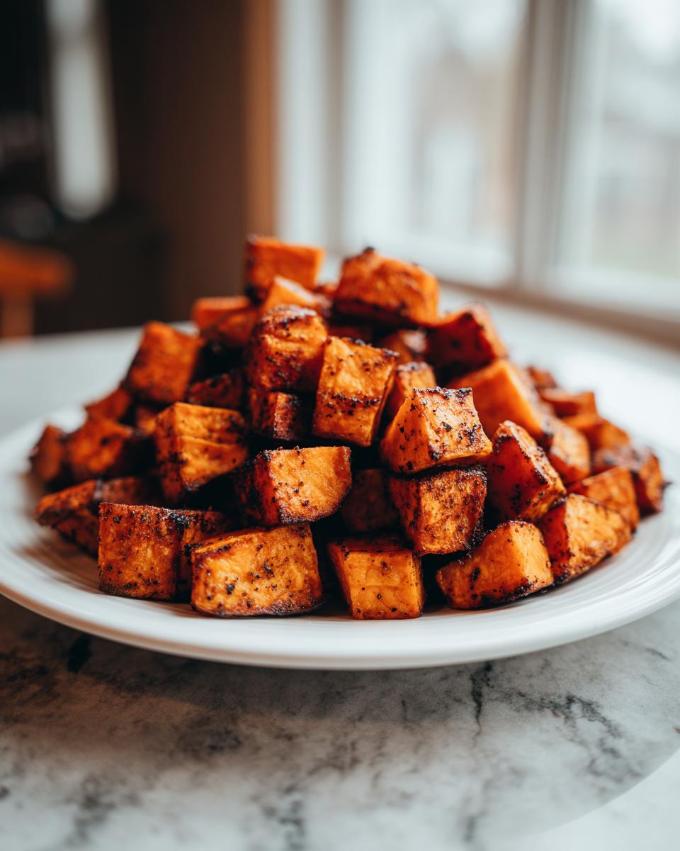 A mound of perfectly seasoned roasted sweet potatoes cubes piled high on a white plate.