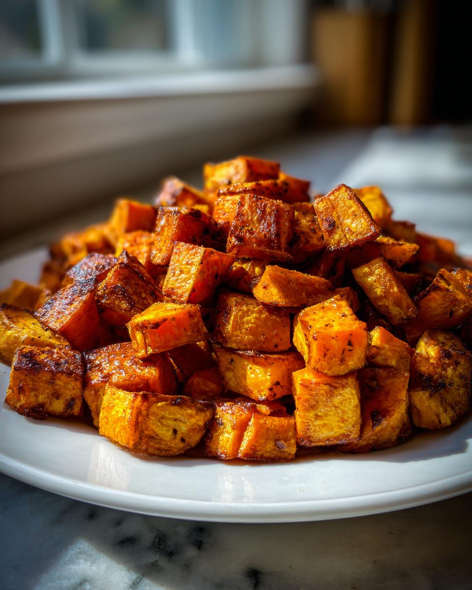 A close-up of a mound of perfectly roasted sweet potatoes cubes, caramelized and golden brown, served on a white plate.