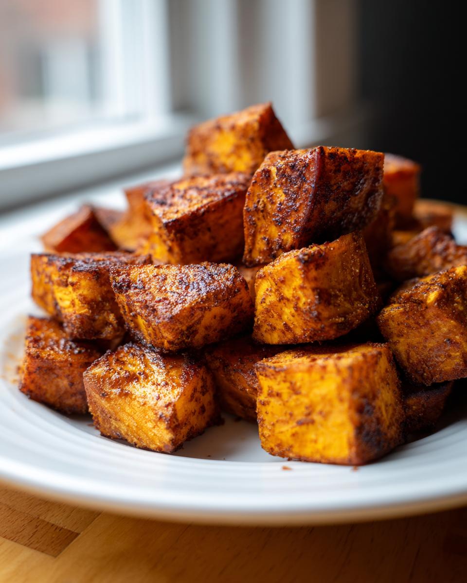 A pile of beautifully caramelized, seasoned roasted sweet potatoes cubes stacked on a white plate.