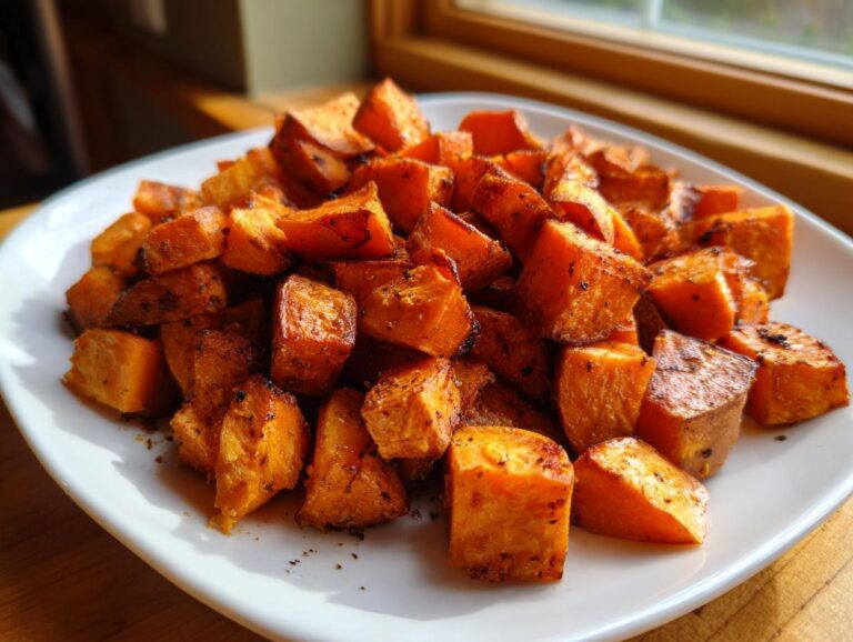 A white plate piled high with perfectly seasoned, caramelized roasted sweet potatoes cubes, ready to eat.