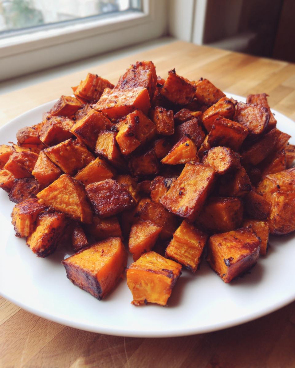 A close-up of perfectly roasted sweet potatoes cubes piled high on a white plate, showing caramelized edges.