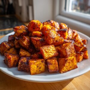 A mound of perfectly roasted sweet potatoes cubes with caramelized edges piled high on a white plate.