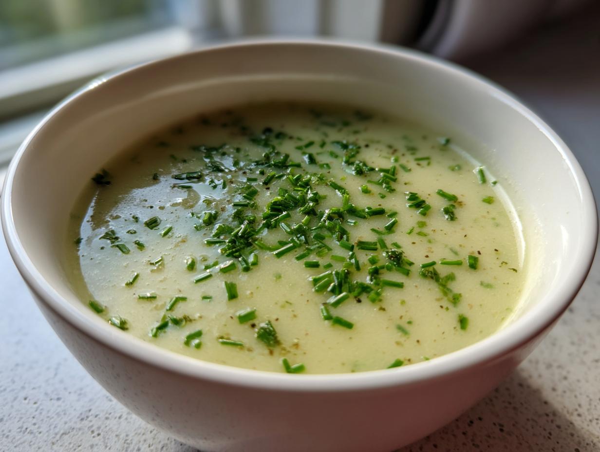 Close-up of a bowl of creamy potato leek soup garnished generously with chopped fresh chives.