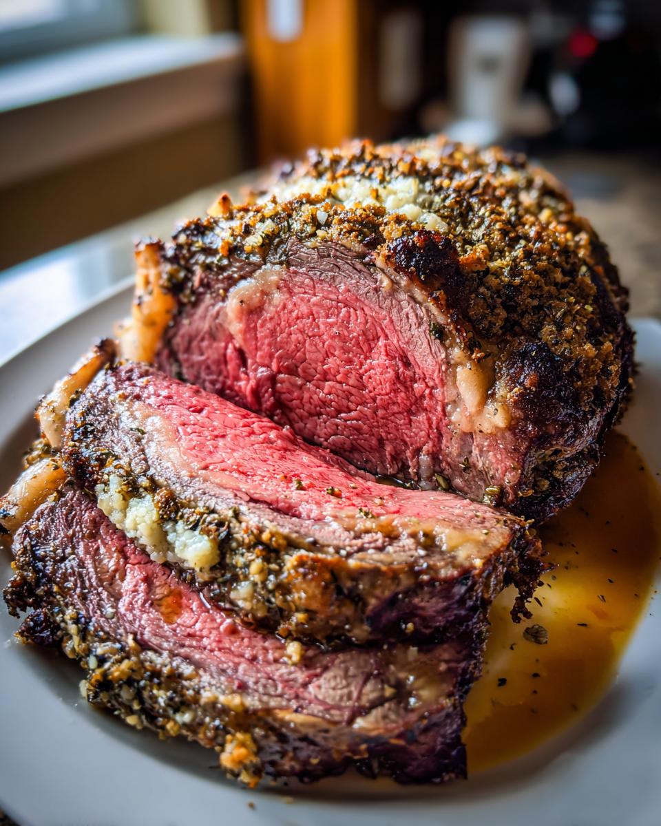 Close-up of a medium-rare prime rib roast, sliced to show the pink center and herb crust.