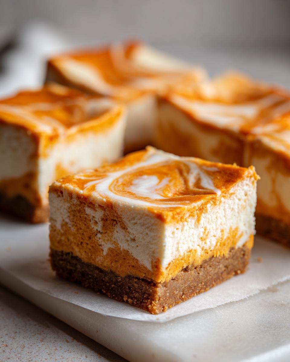 A close-up of a square pumpkin cheesecake bars slice showing a graham cracker crust and a creamy, orange and white swirled topping.