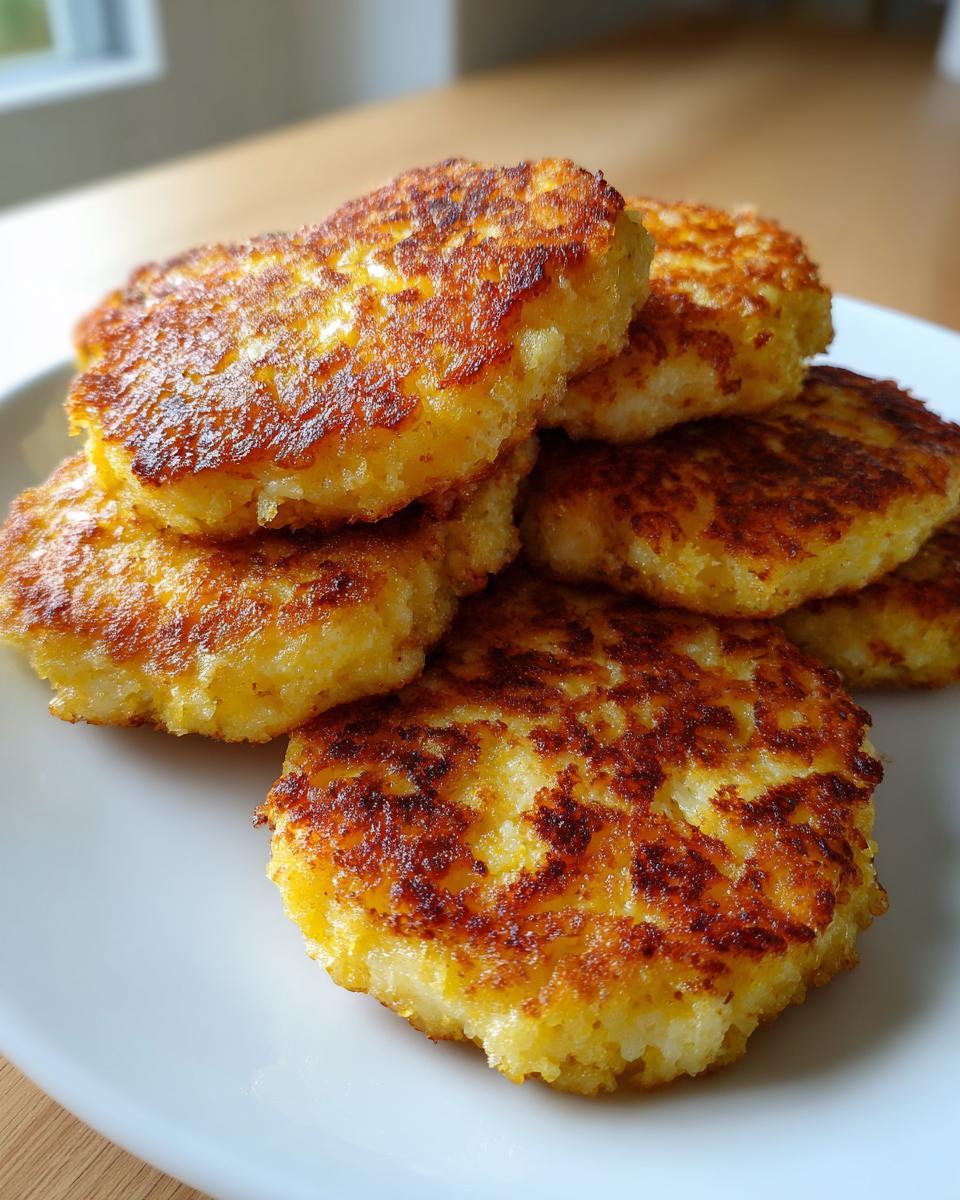 A stack of golden brown, perfectly pan-fried cornbread patties on a white plate.