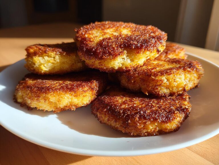 A stack of five golden brown, perfectly crisped fried cornbread patties piled on a white plate.