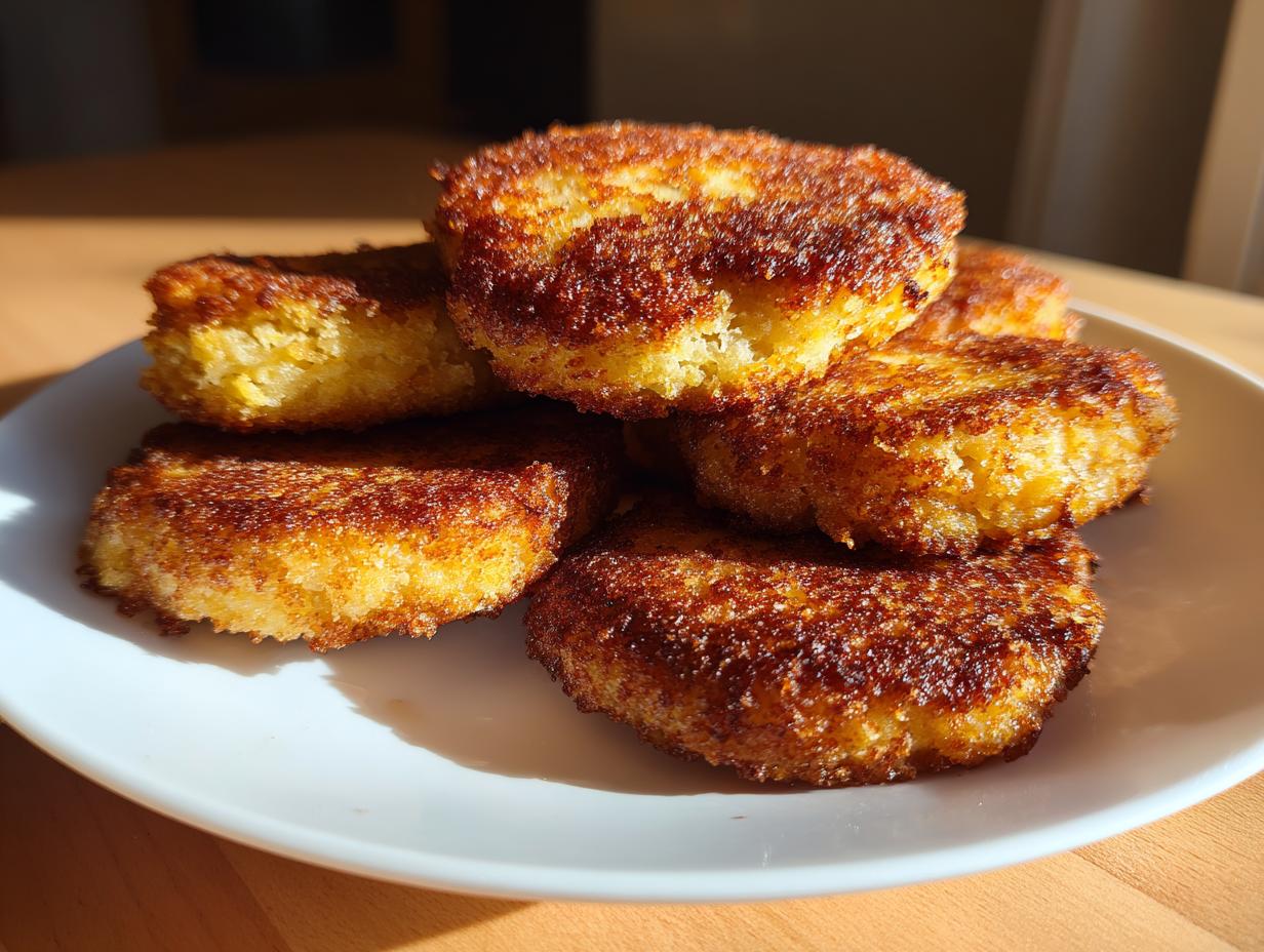 A stack of five golden brown, perfectly crisped fried cornbread patties piled on a white plate.