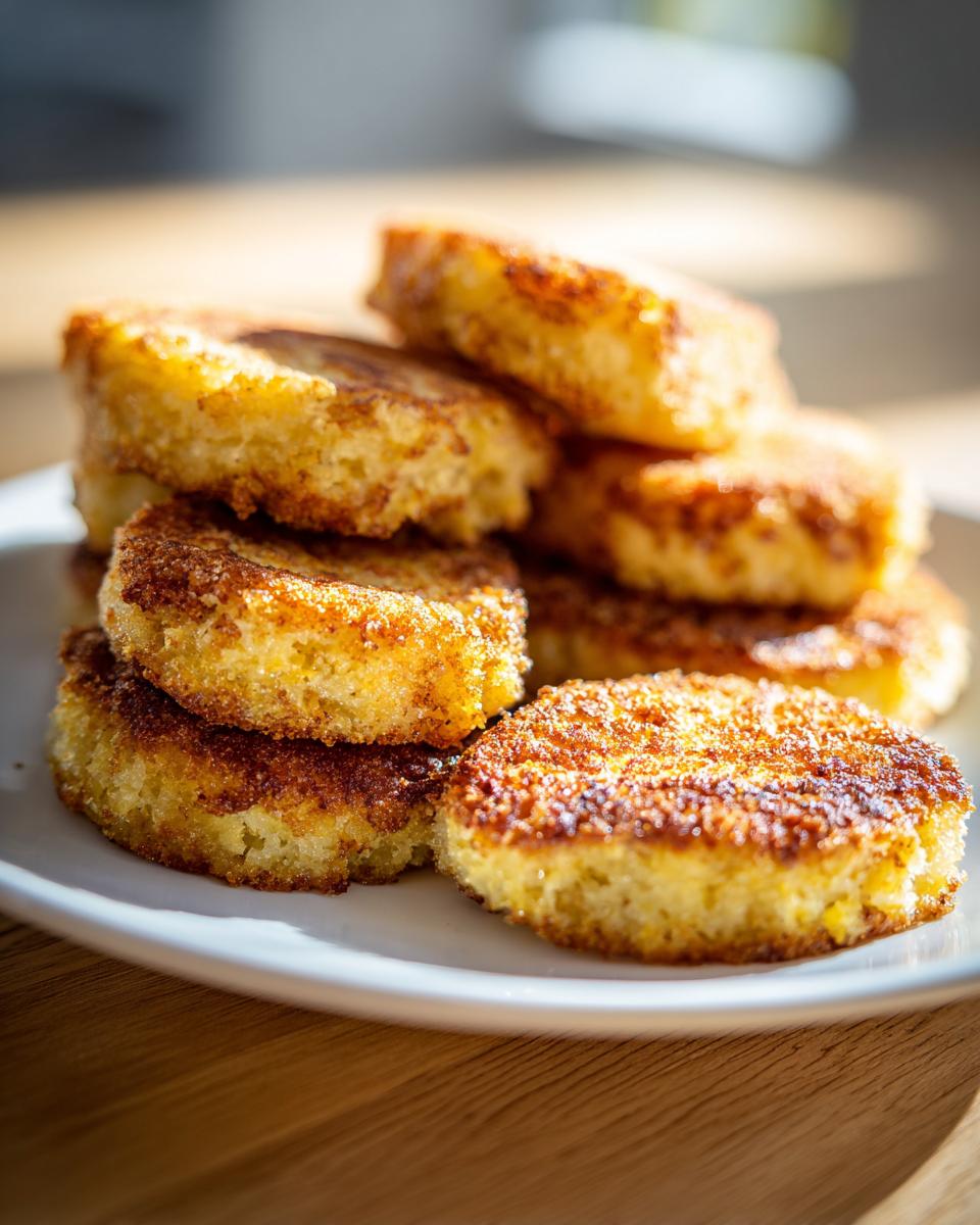 A stack of perfectly golden, round pieces of fried cornbread on a white plate, beautifully lit by sunlight.