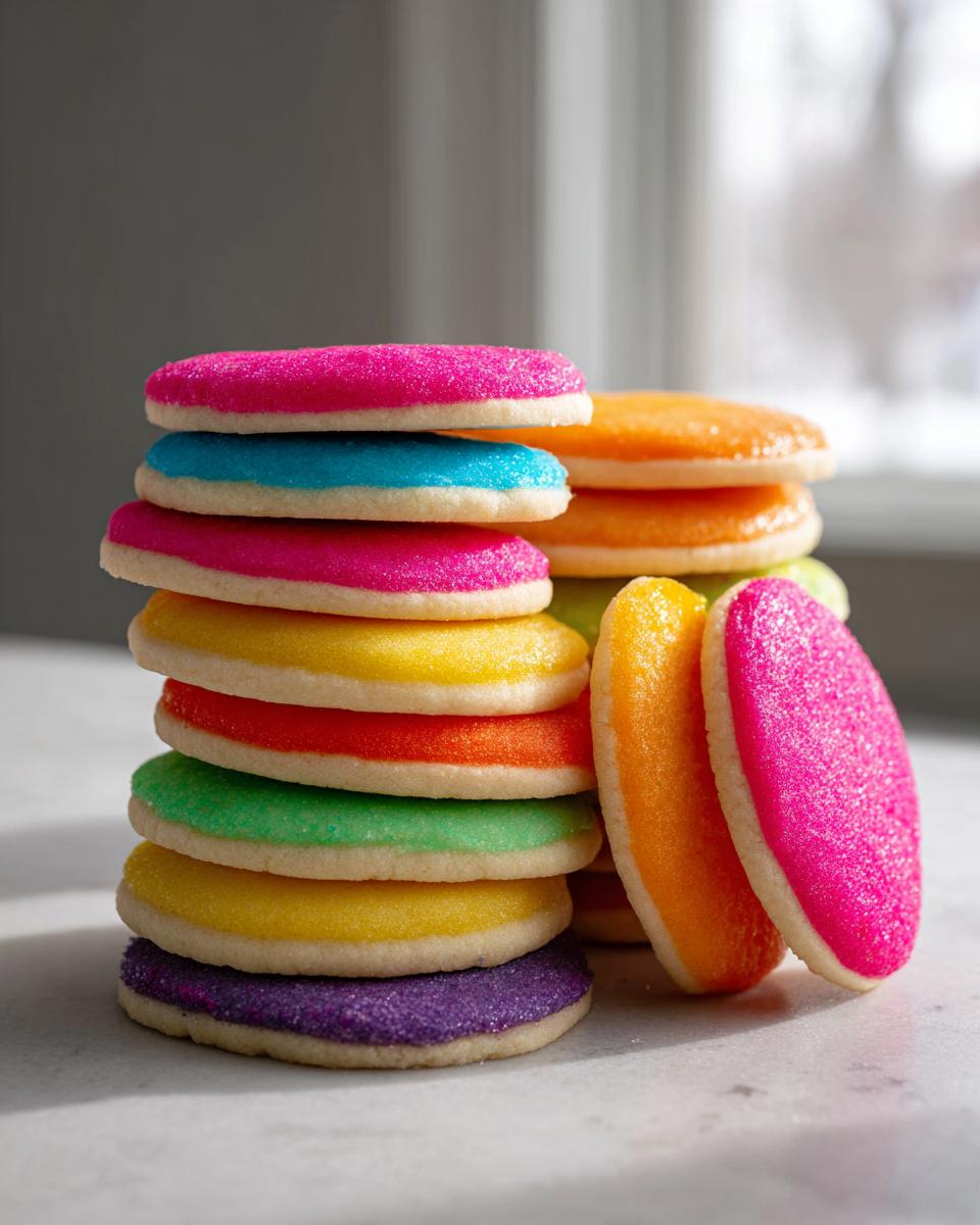 Stack of colorful sugar cookies topped with sugar cookie icing that hardens, showing vibrant pink, blue, yellow, and purple colors.