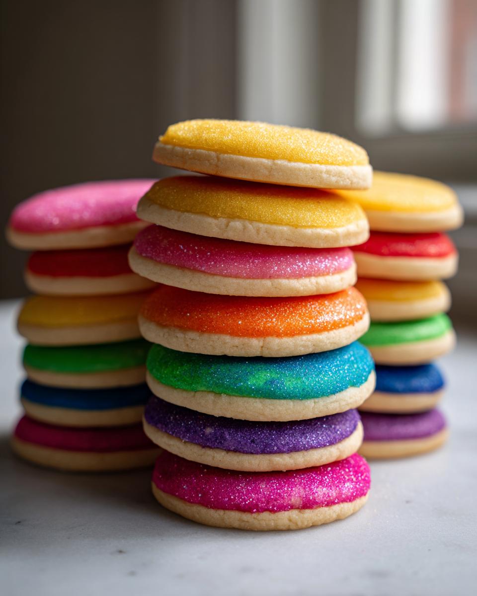 Stacks of round sugar cookies topped with brightly colored, sparkling sugar cookie icing that hardens perfectly.