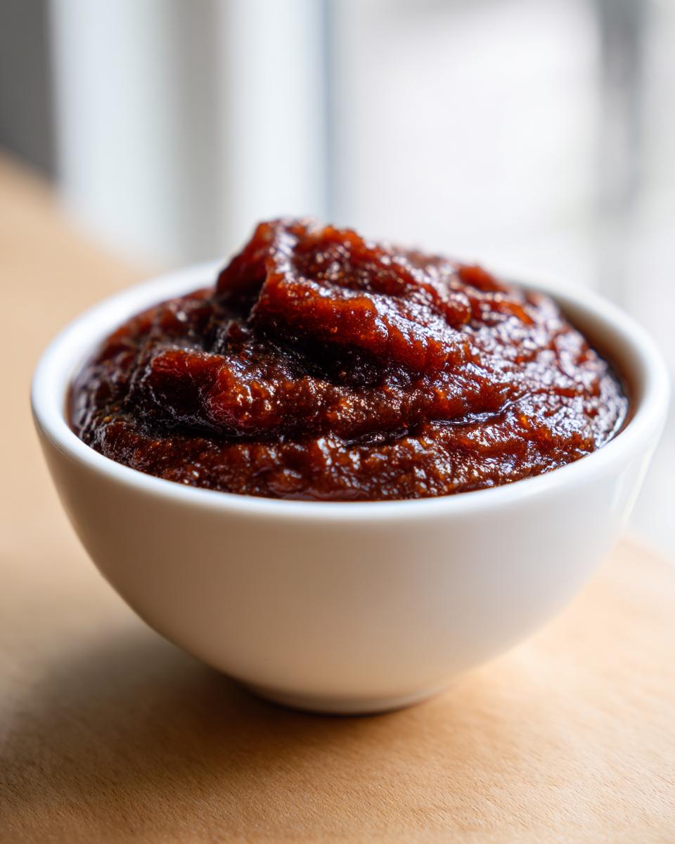 A close-up of thick, dark brown homemade apple butter served in a small white bowl.