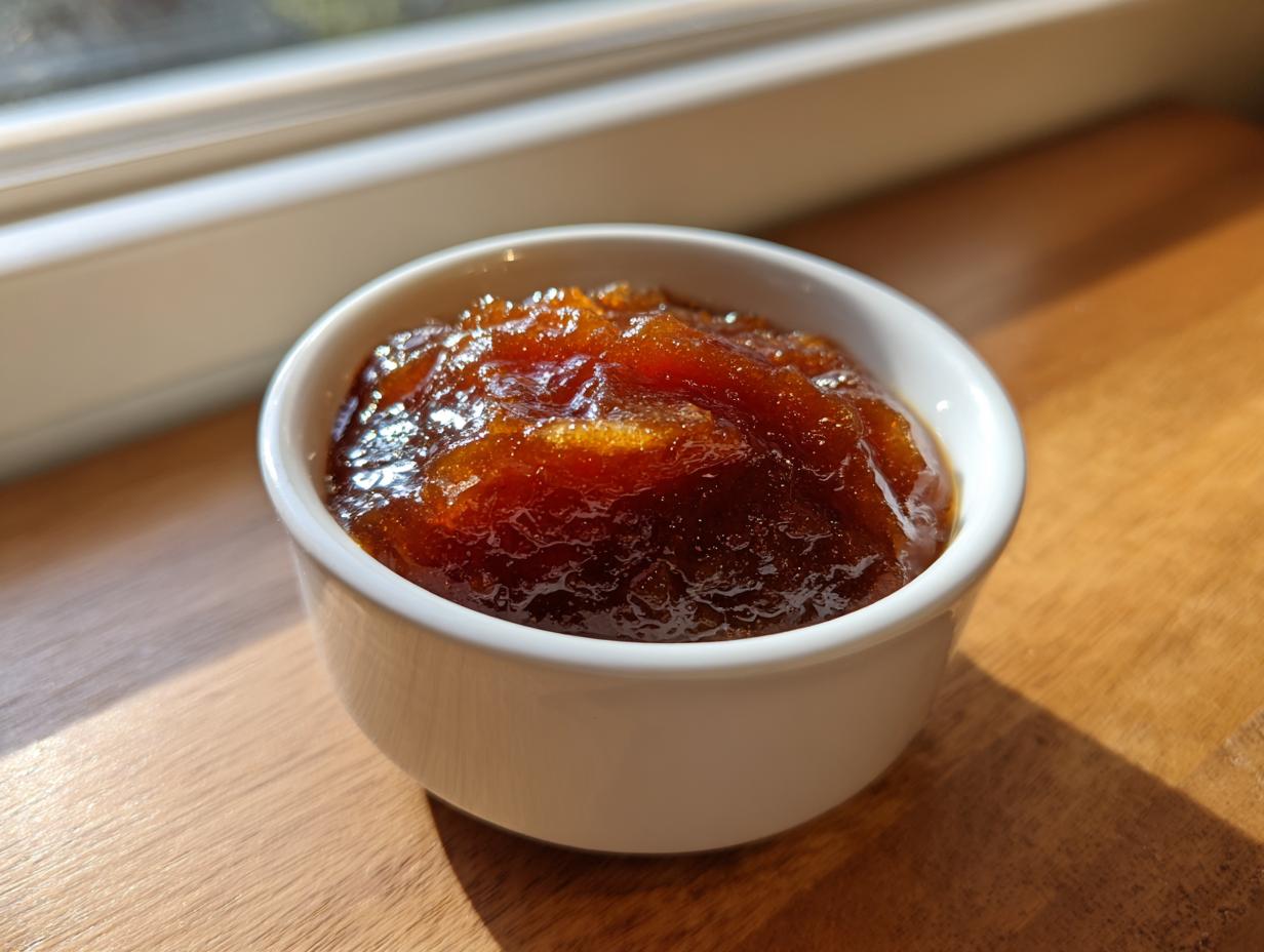 A small white bowl filled with thick, dark brown homemade apple butter, sitting on a wooden surface near a window.