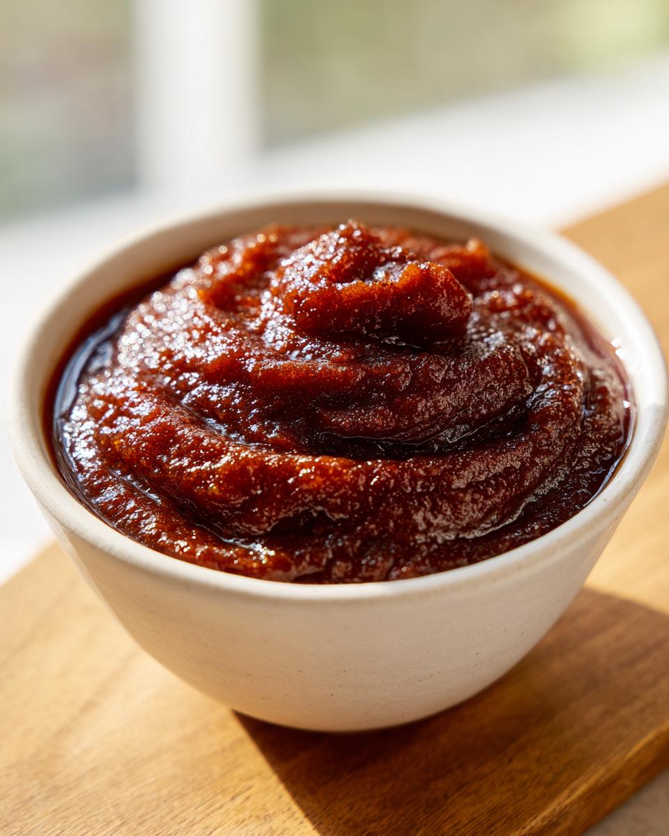 Close-up of thick, dark brown homemade apple butter served in a small white bowl.