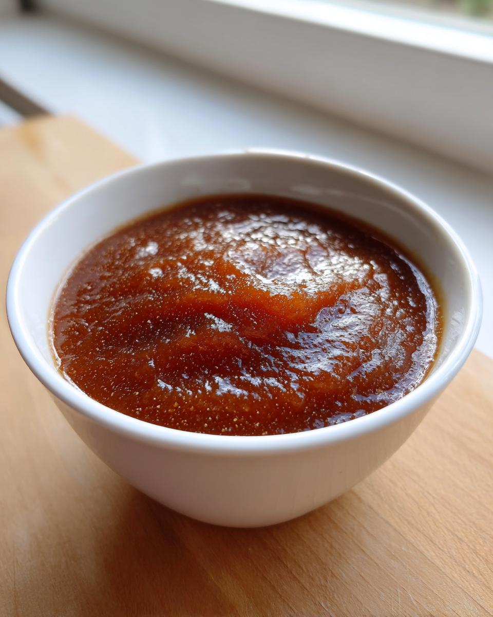 Close-up of thick, dark brown homemade apple butter served in a small white bowl on a wooden surface.
