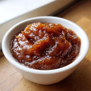 Close-up of rich, dark brown homemade apple butter served in a small white bowl.