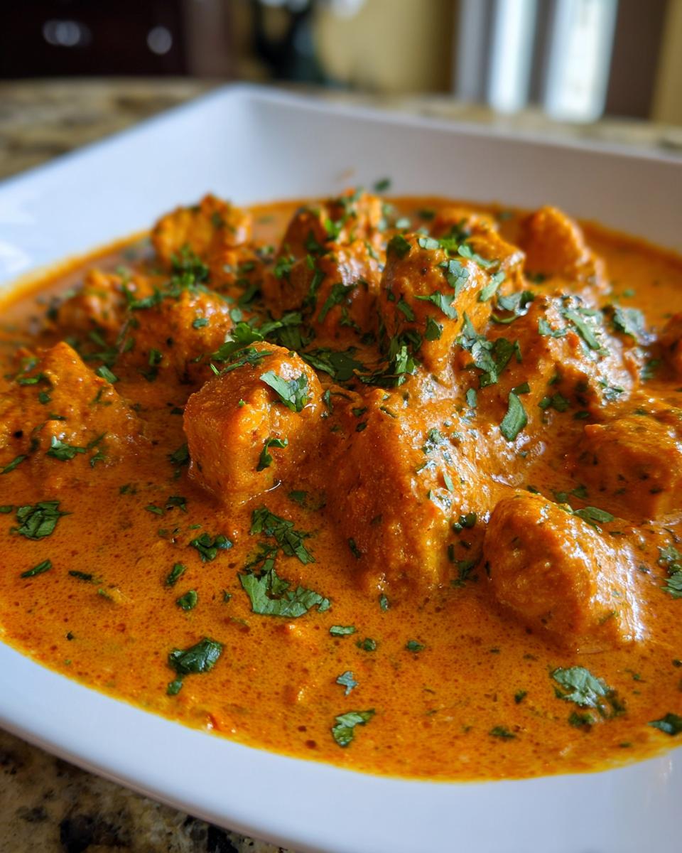 Close-up of tender chicken pieces swimming in a rich, orange-red sauce, garnished with fresh cilantro, ready to serve butter chicken.