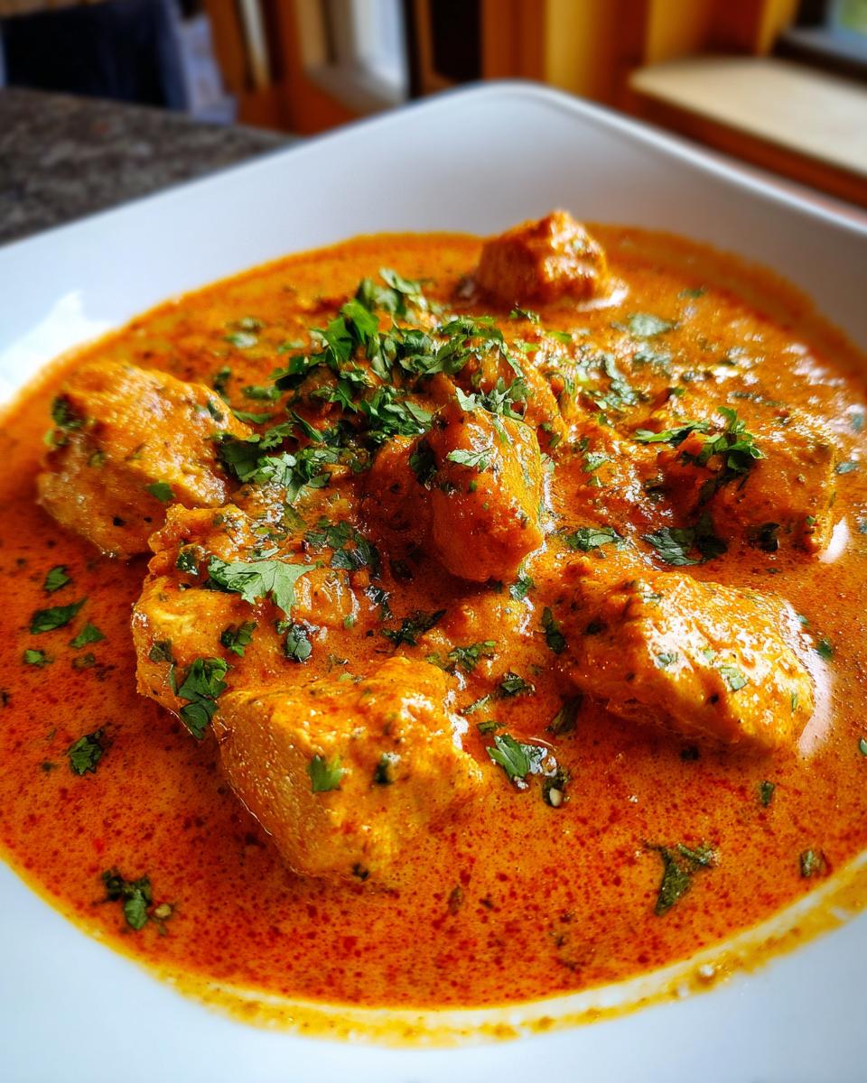 A close-up, vibrant image of tender chicken pieces swimming in a rich, orange-red sauce, garnished with fresh cilantro, representing delicious butter chicken.